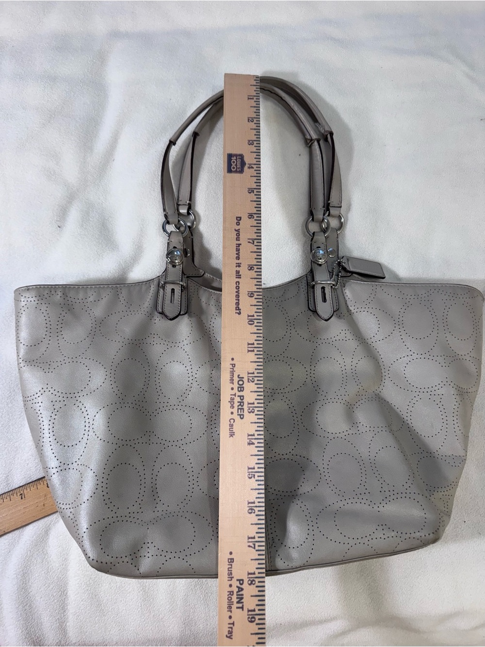 Coach Carly F16598 Pearlized Gray Perforated Signature Leather Tote Carryall Bag - Picture 4 of 16